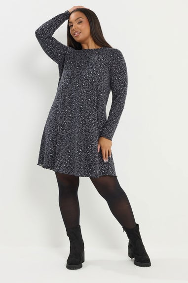 Yours Curve Grey Leopard Print Ribbed Tunic Top