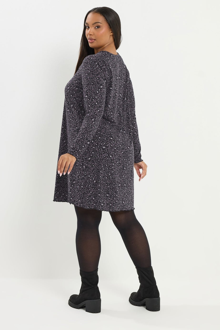 Yours Curve Grey Leopard Print Ribbed Tunic Top