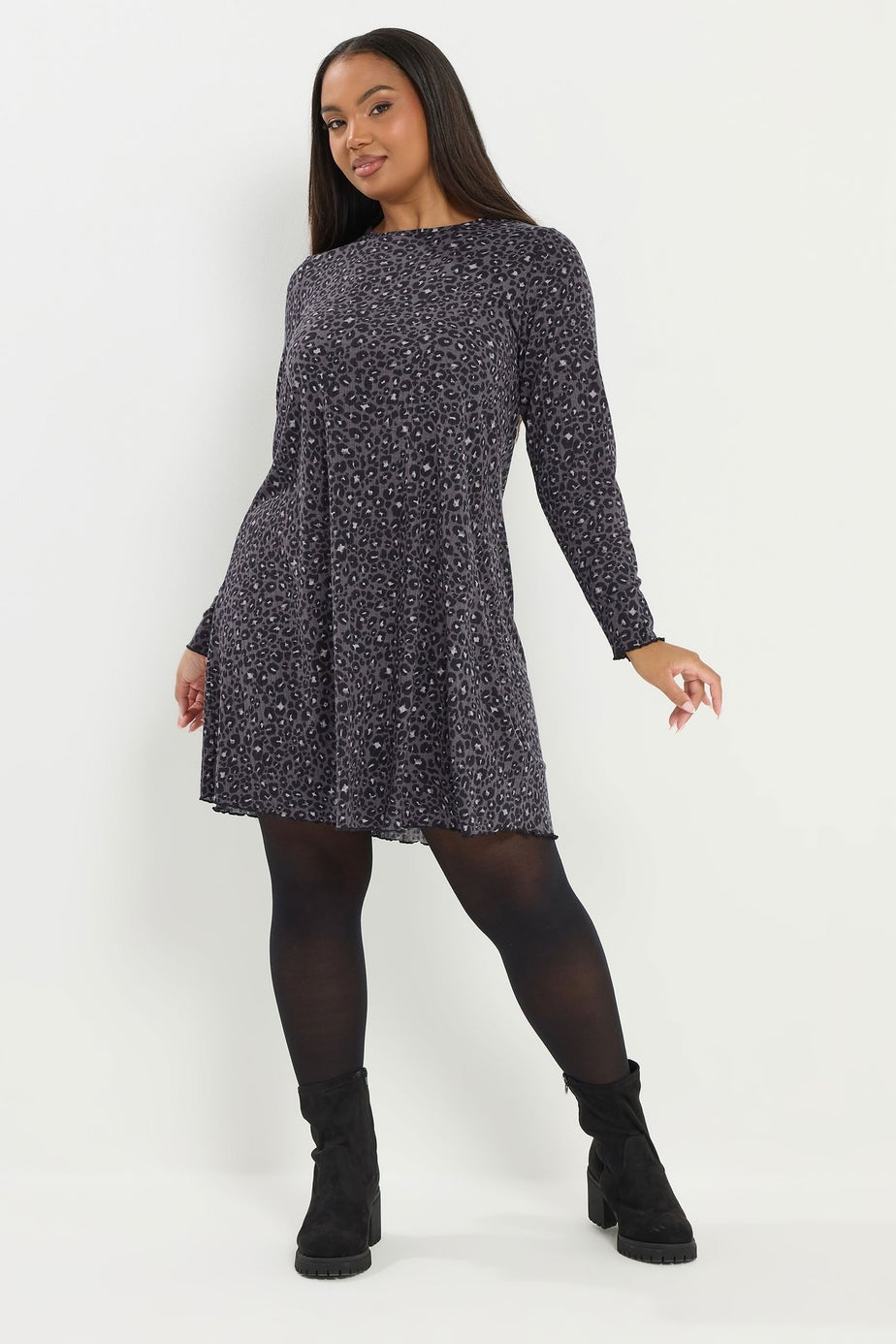 Yours Curve Grey Leopard Print Ribbed Tunic Top