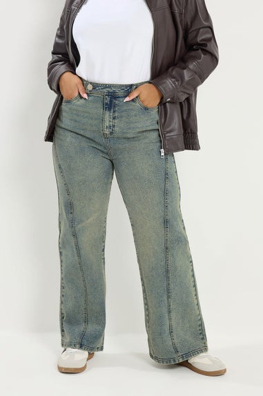 Yours Curve Blue Seam Detail Wide Leg Jeans