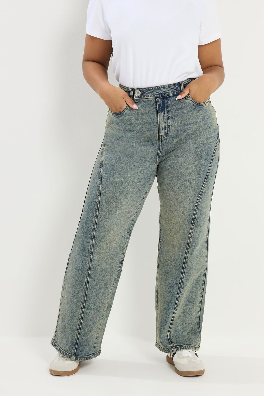 Yours Curve Blue Seam Detail Wide Leg Jeans