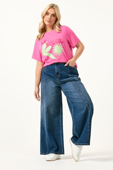 Yours Curve Blue Palazzo Front Seam Wide Leg Jeans
