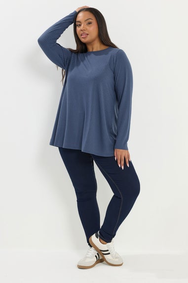 Yours Curve Denim Blue Ribbed Swing T-Shirt