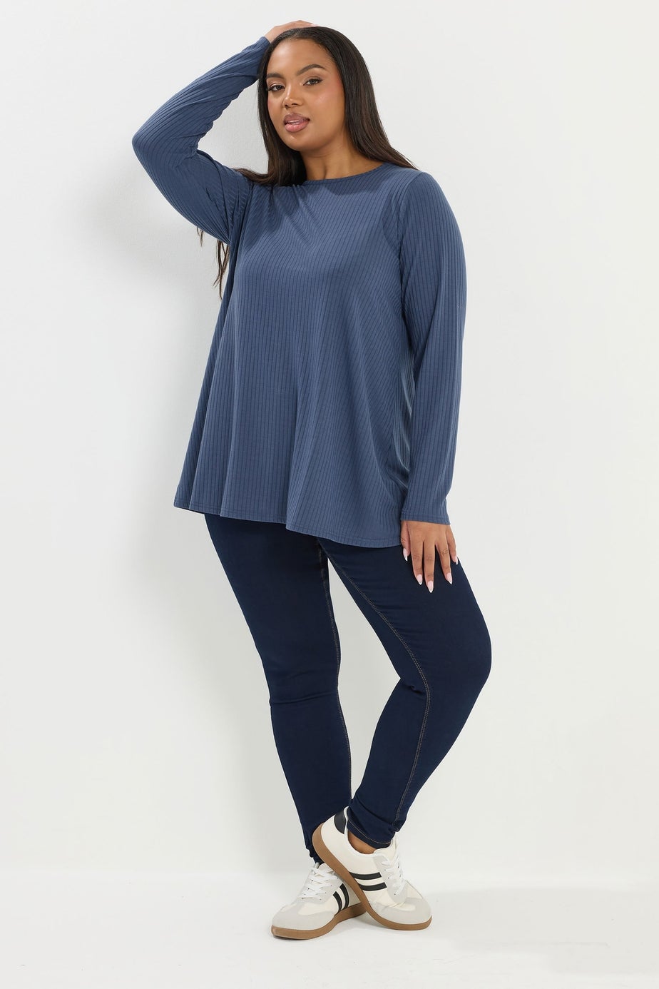 Yours Curve Denim Blue Ribbed Swing T-Shirt