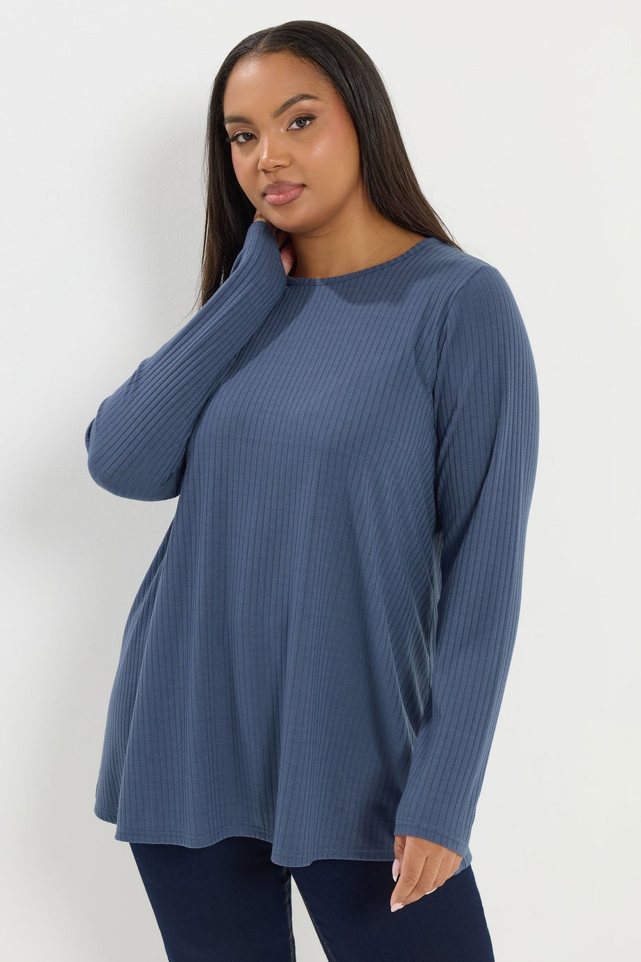 Yours Curve Denim Blue Ribbed Swing T-Shirt