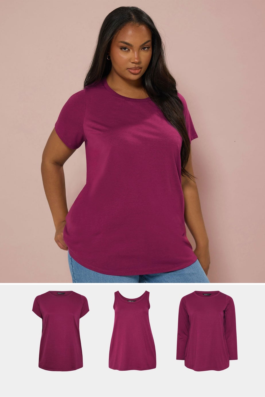 Yours Curve 3 Pack Dark Pink Core T-Shirt Essentials Set
