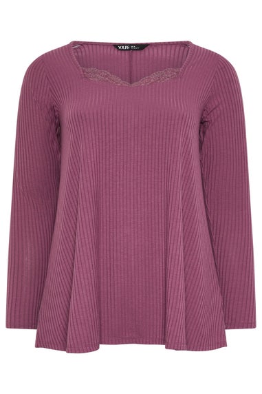 Yours Curve Dusky Pink Lace Insert Ribbed Top