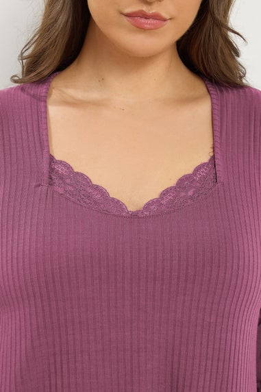 Yours Curve Dusky Pink Lace Insert Ribbed Top