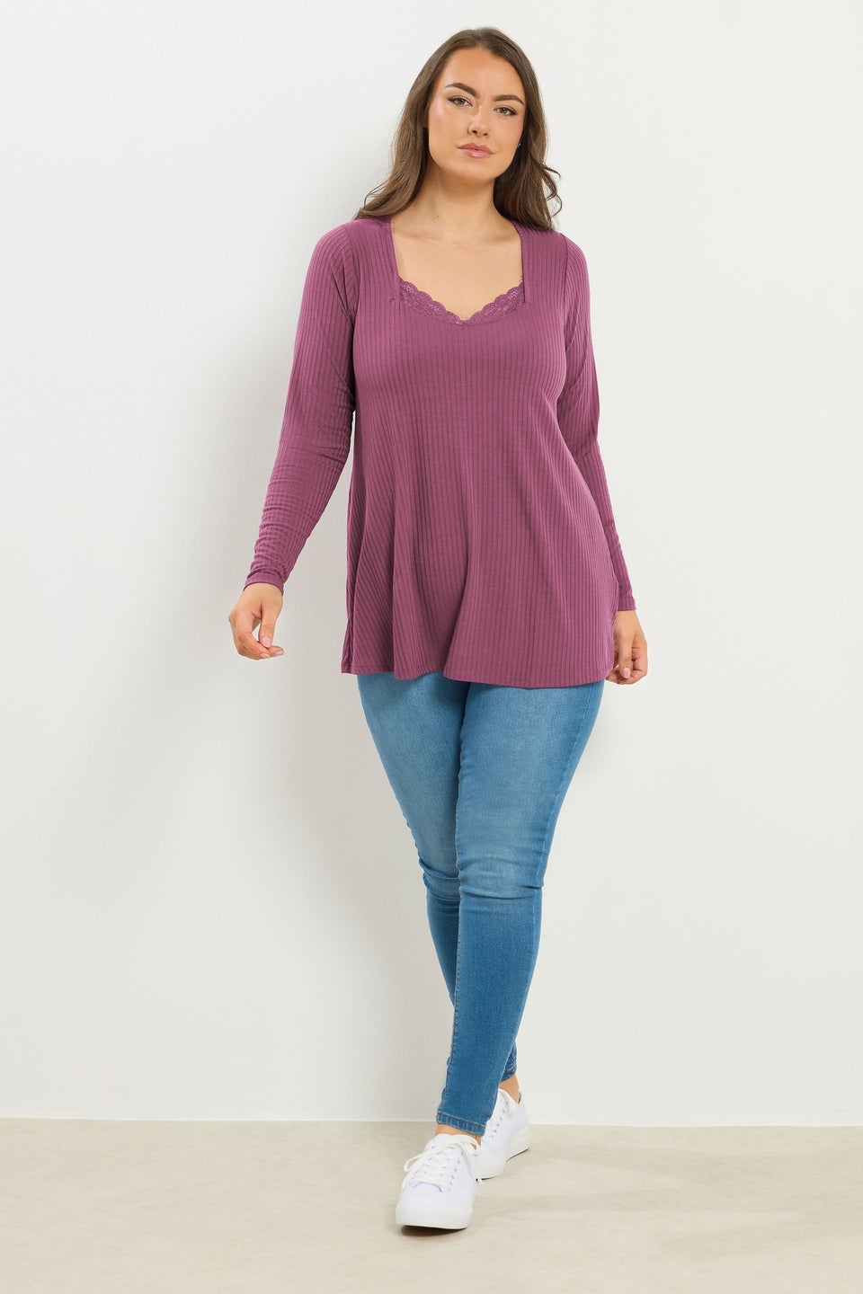 Yours Curve Dusky Pink Lace Insert Ribbed Top