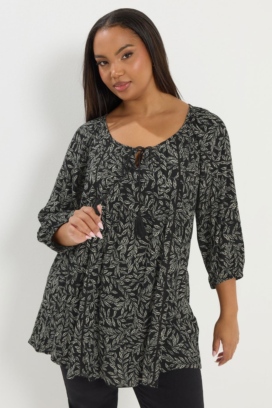 Yours Curve Black Leaf Print Tie Neck Top