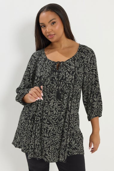 Yours Curve Black Leaf Print Tie Neck Top