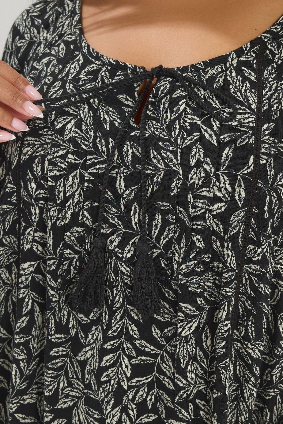 Yours Curve Black Leaf Print Tie Neck Top