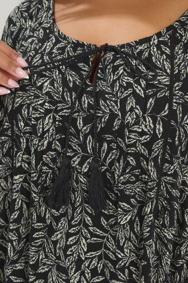 Yours Curve Black Leaf Print Tie Neck Top