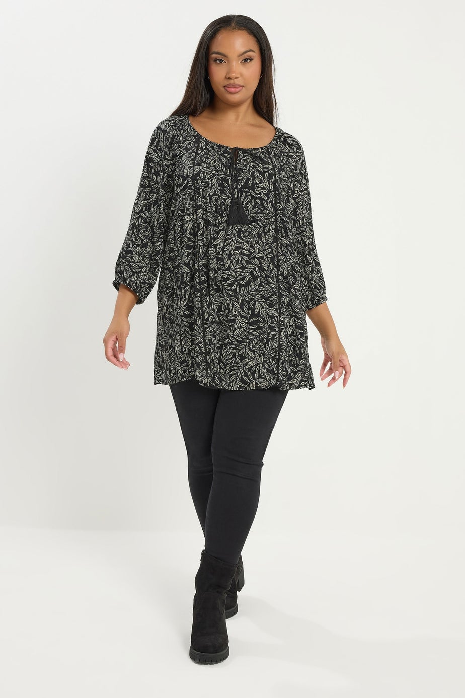 Yours Curve Black Leaf Print Tie Neck Top