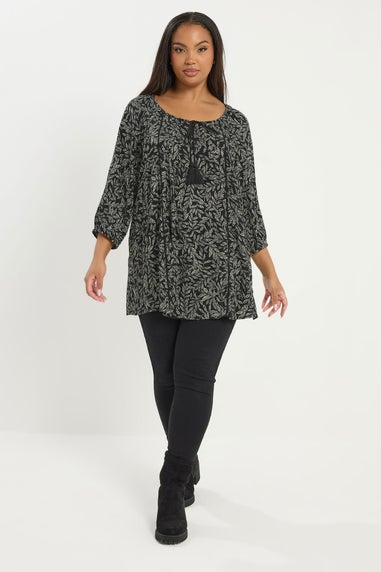 Yours Curve Black Leaf Print Tie Neck Top