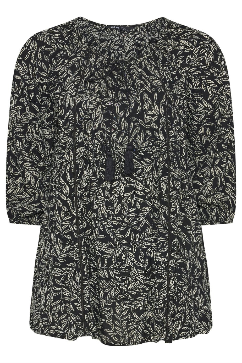 Yours Curve Black Leaf Print Tie Neck Top