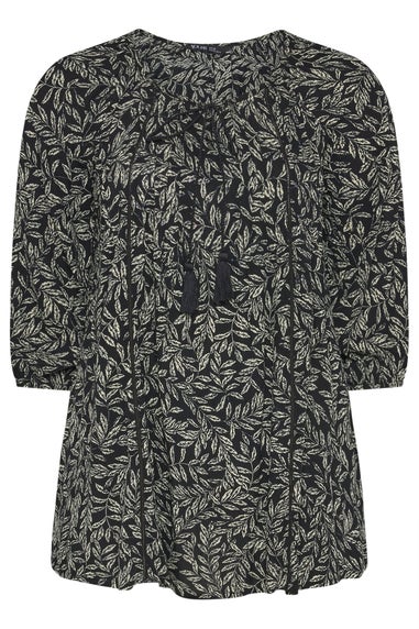 Yours Curve Black Leaf Print Tie Neck Top