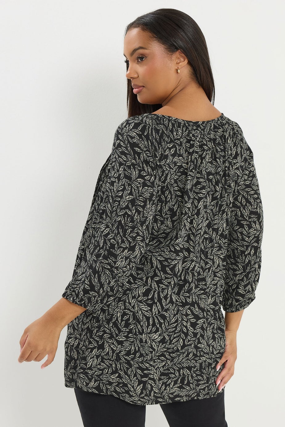 Yours Curve Black Leaf Print Tie Neck Top