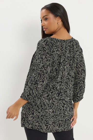 Yours Curve Black Leaf Print Tie Neck Top