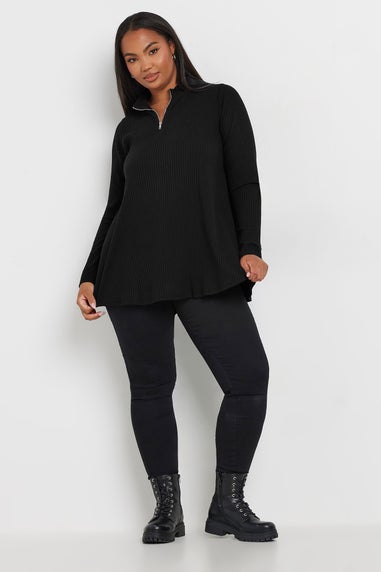 Yours Curve Black Ribbed Quarter Zip Top