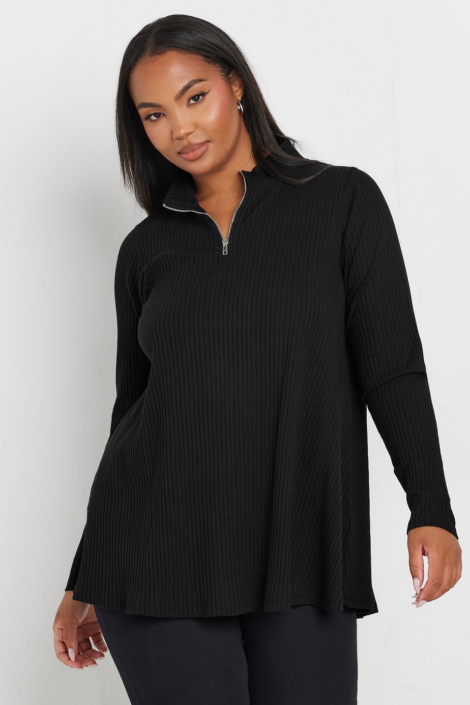 Yours Curve Black Ribbed Quarter Zip Top