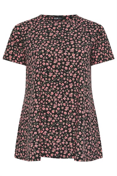 Yours Curve Black Floral Ribbed Swing Top