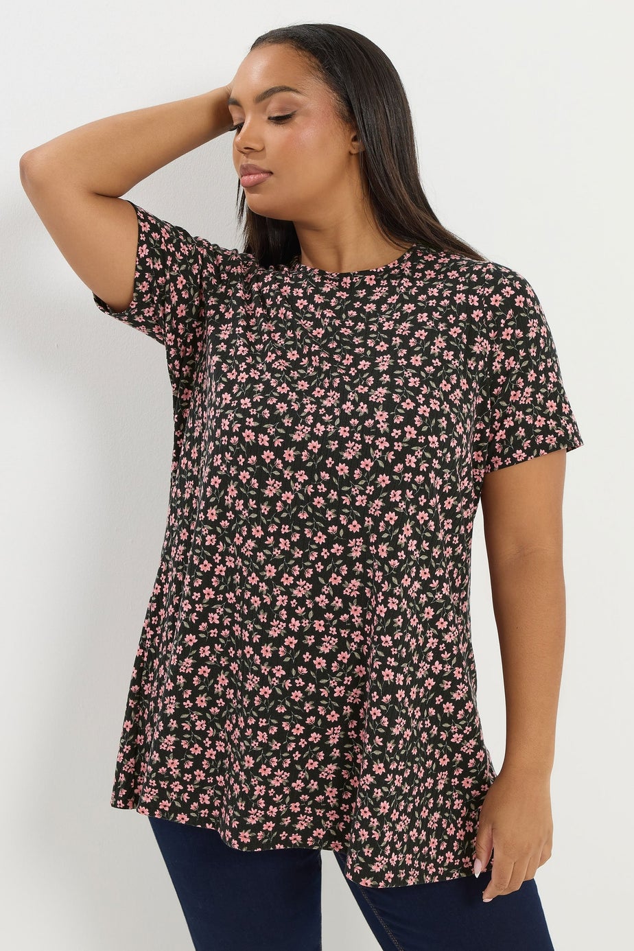 Yours Curve Black Floral Ribbed Swing Top