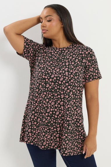 Yours Curve Black Floral Ribbed Swing Top