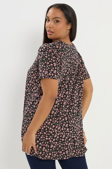 Yours Curve Black Floral Ribbed Swing Top