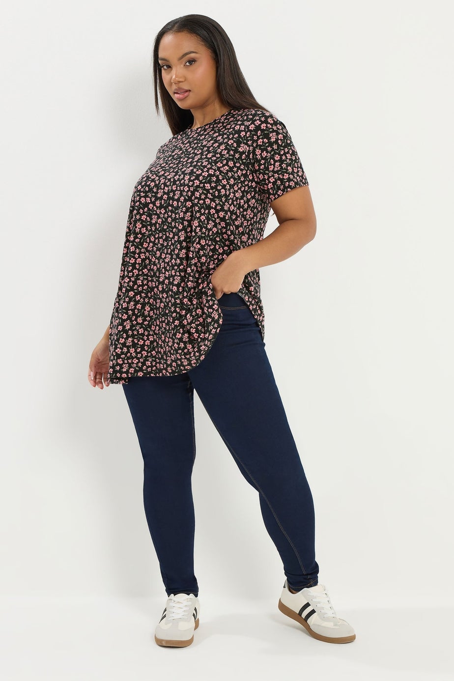 Yours Curve Black Floral Ribbed Swing Top
