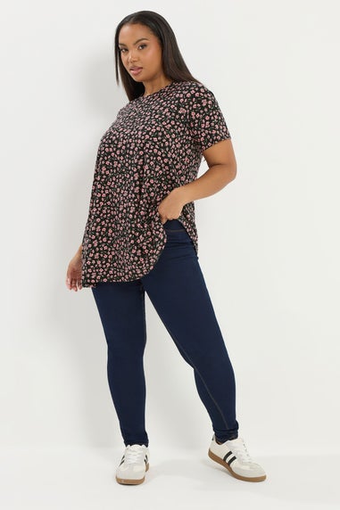 Yours Curve Black Floral Ribbed Swing Top