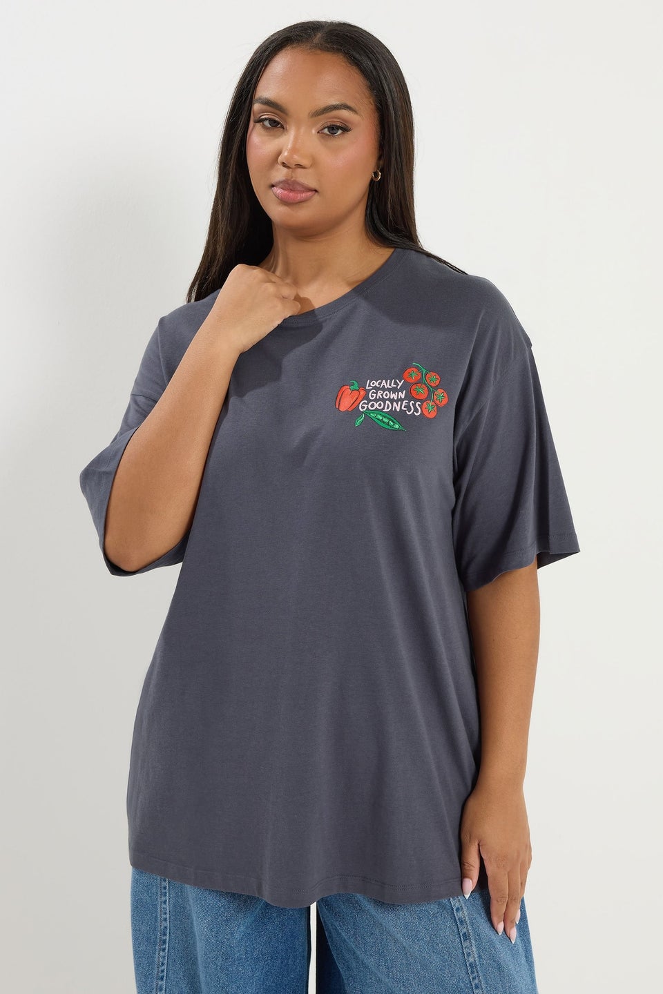 Yours Curve Grey 'Fresh From The Garden' Relaxed T-Shirt