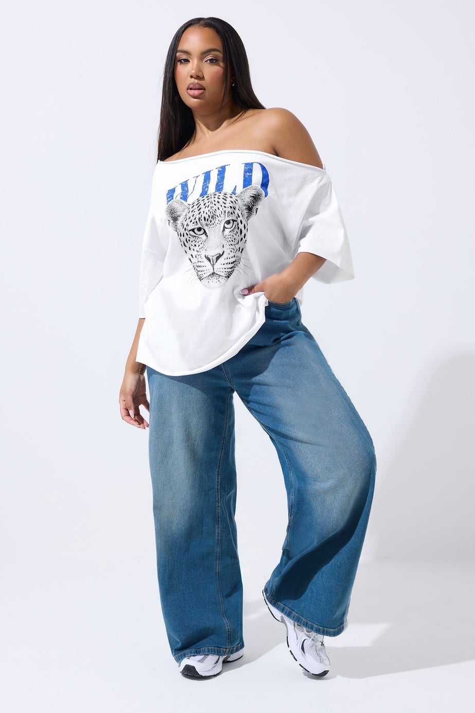 Yours Limited Curve White Leopard Graphic Off Shoulder T-Shirt
