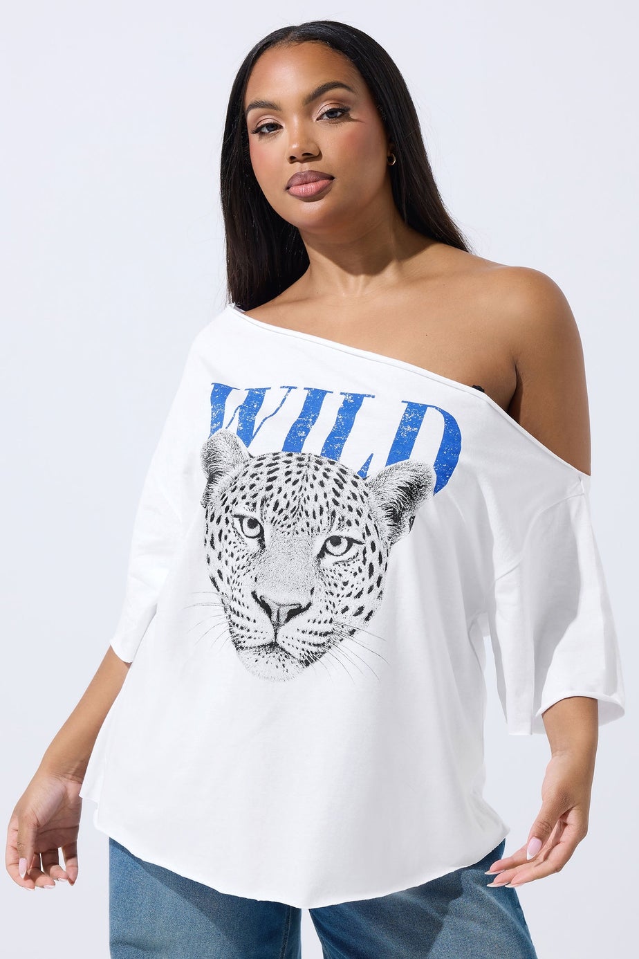 Yours Limited Curve White Leopard Graphic Off Shoulder T-Shirt
