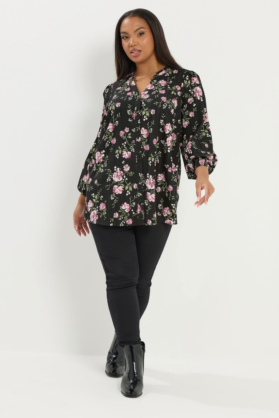 Yours Curve Black Floral Notch Neck Blouse