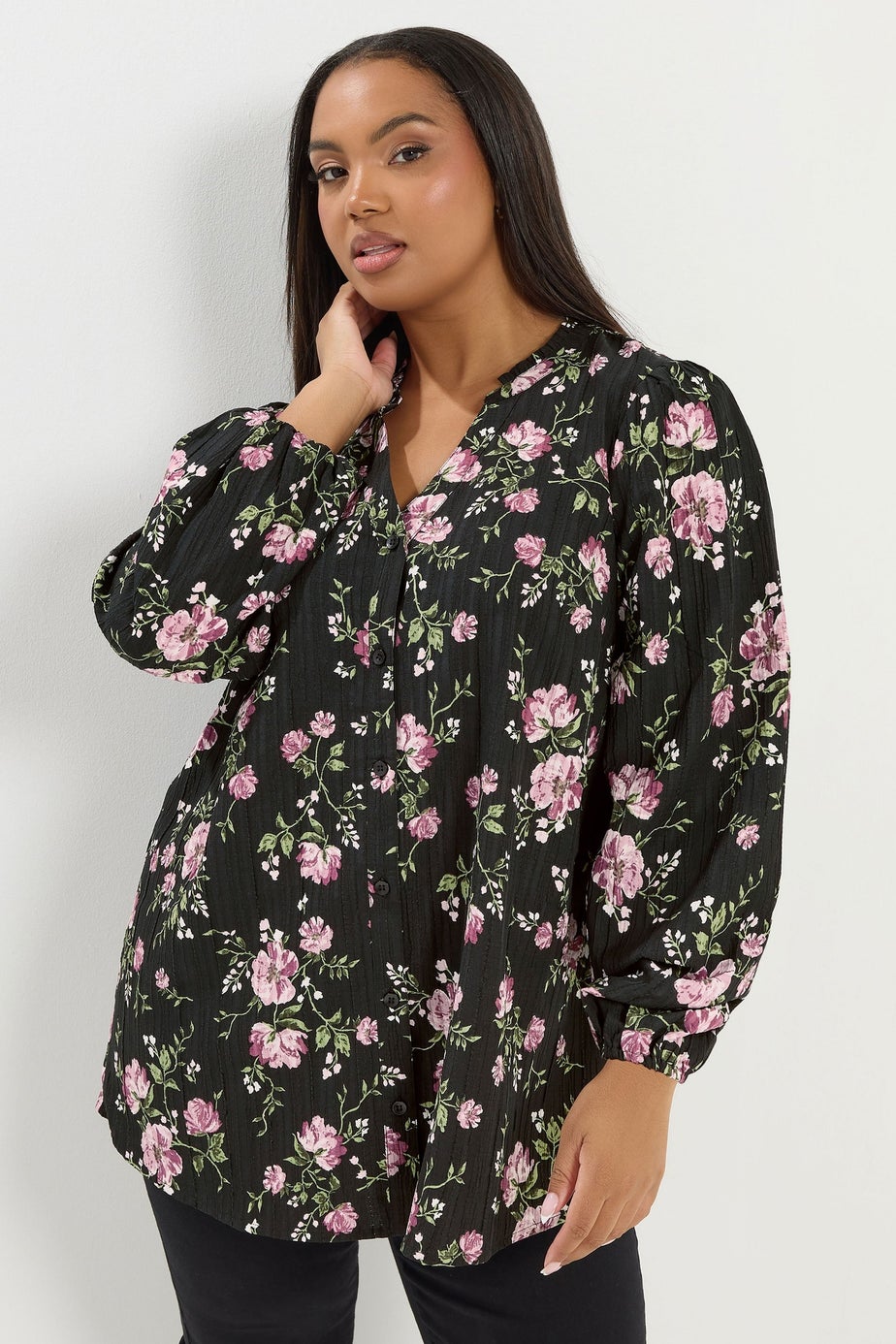 Yours Curve Black Floral Notch Neck Blouse