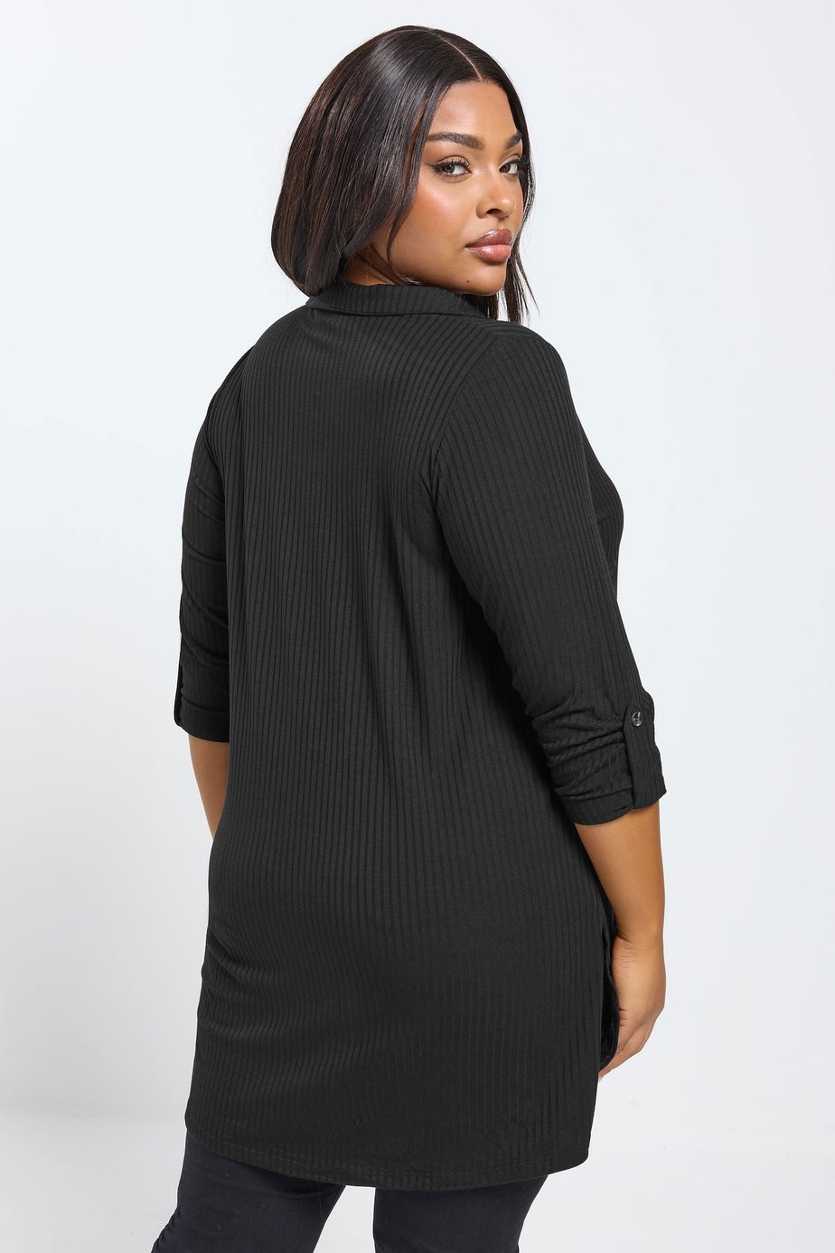 Yours Curve Black Button Through Ribbed Top
