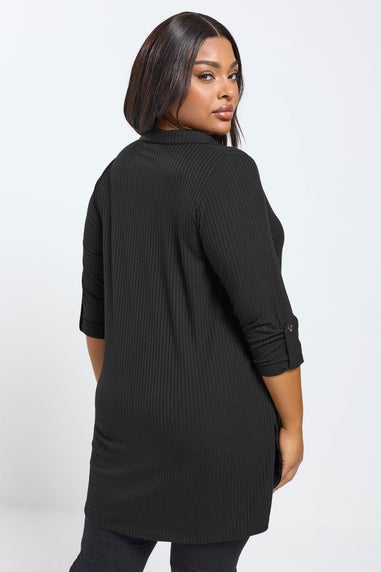 Yours Curve Black Button Through Ribbed Top