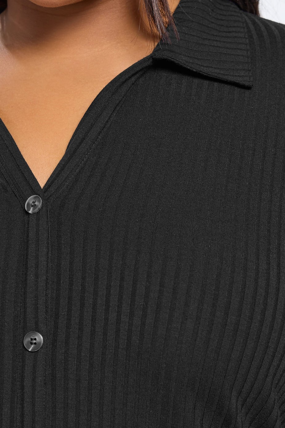 Yours Curve Black Button Through Ribbed Top