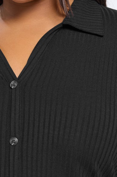 Yours Curve Black Button Through Ribbed Top