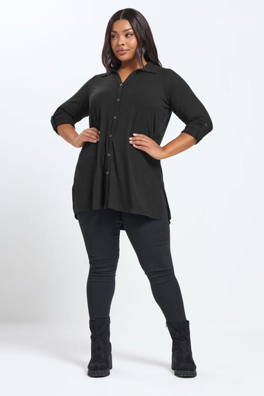 Yours Curve Black Button Through Ribbed Top