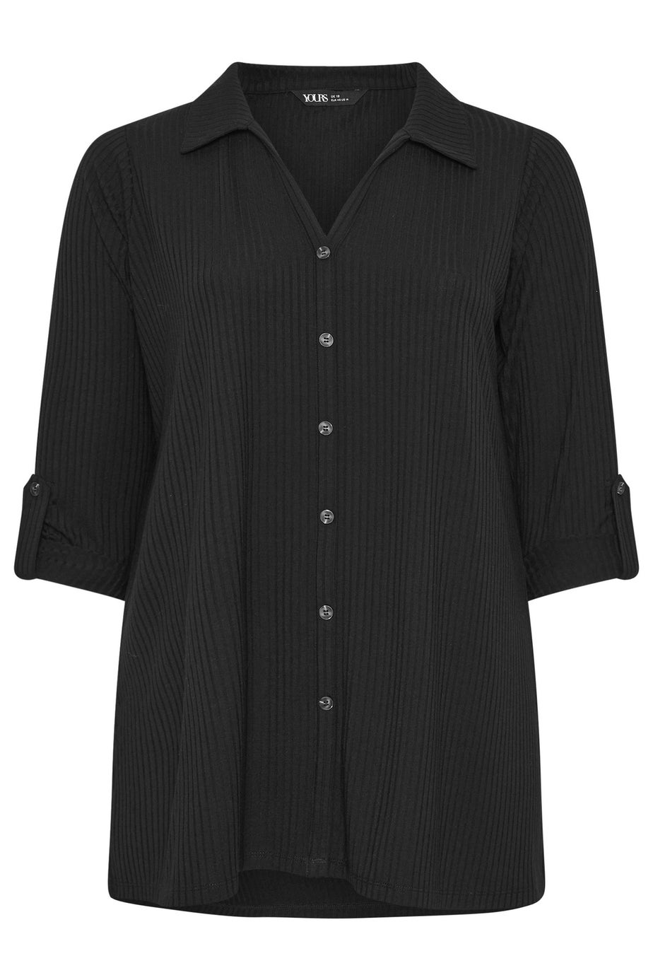 Yours Curve Black Button Through Ribbed Top