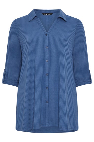 Yours Curve Dark Blue Button Through Ribbed Top