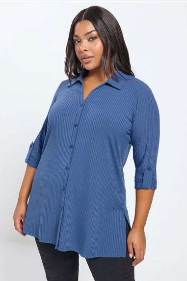 Yours Curve Dark Blue Button Through Ribbed Top