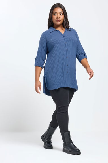 Yours Curve Dark Blue Button Through Ribbed Top