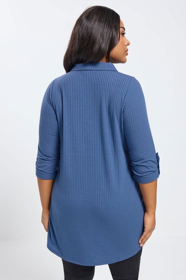 Yours Curve Dark Blue Button Through Ribbed Top