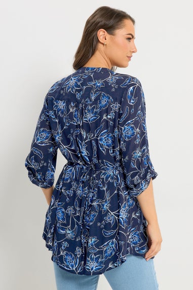 Yours Curve Navy Blue Floral Print Pintuck Blouse