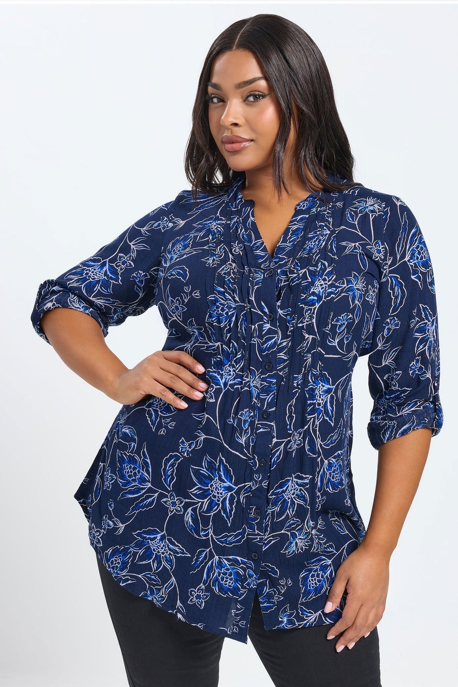 Yours Curve Navy Blue Floral Print Pintuck Blouse