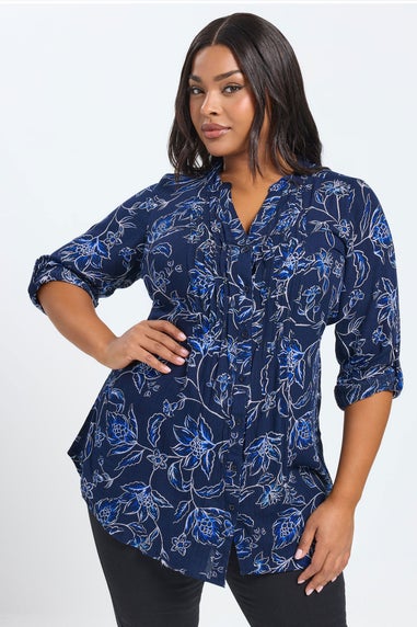 Yours Curve Navy Blue Floral Print Pintuck Blouse