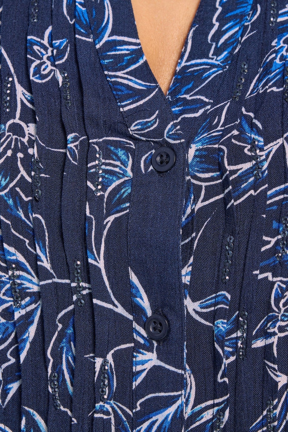 Yours Curve Navy Blue Floral Print Pintuck Blouse